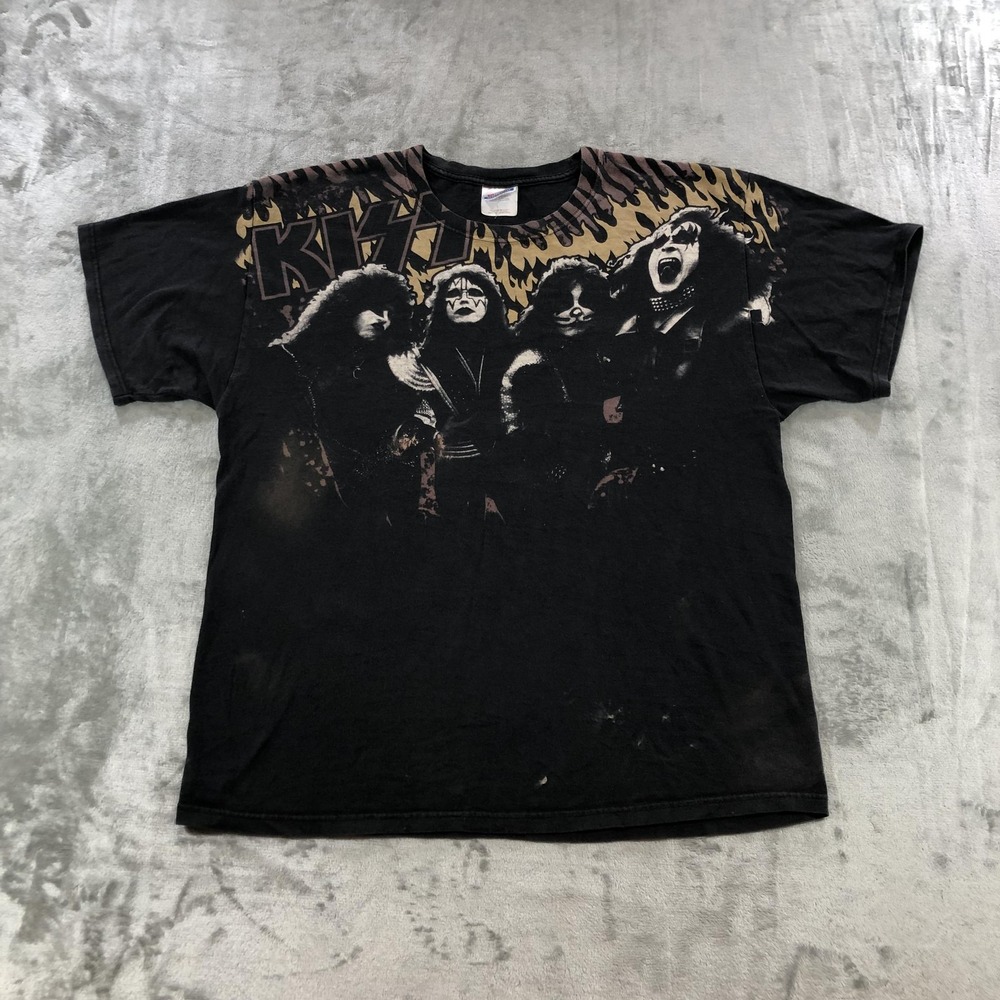 Vintage KISS Shirt Mens XL Black Flames Band Graphic Hanes Heavyweight 2000s